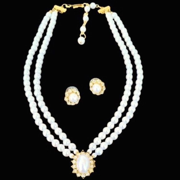 ππ Vintage Elegant Pearl Gold Pendant Chocker Necklace Rhinstone Earrings Set - Picture 5 of 9